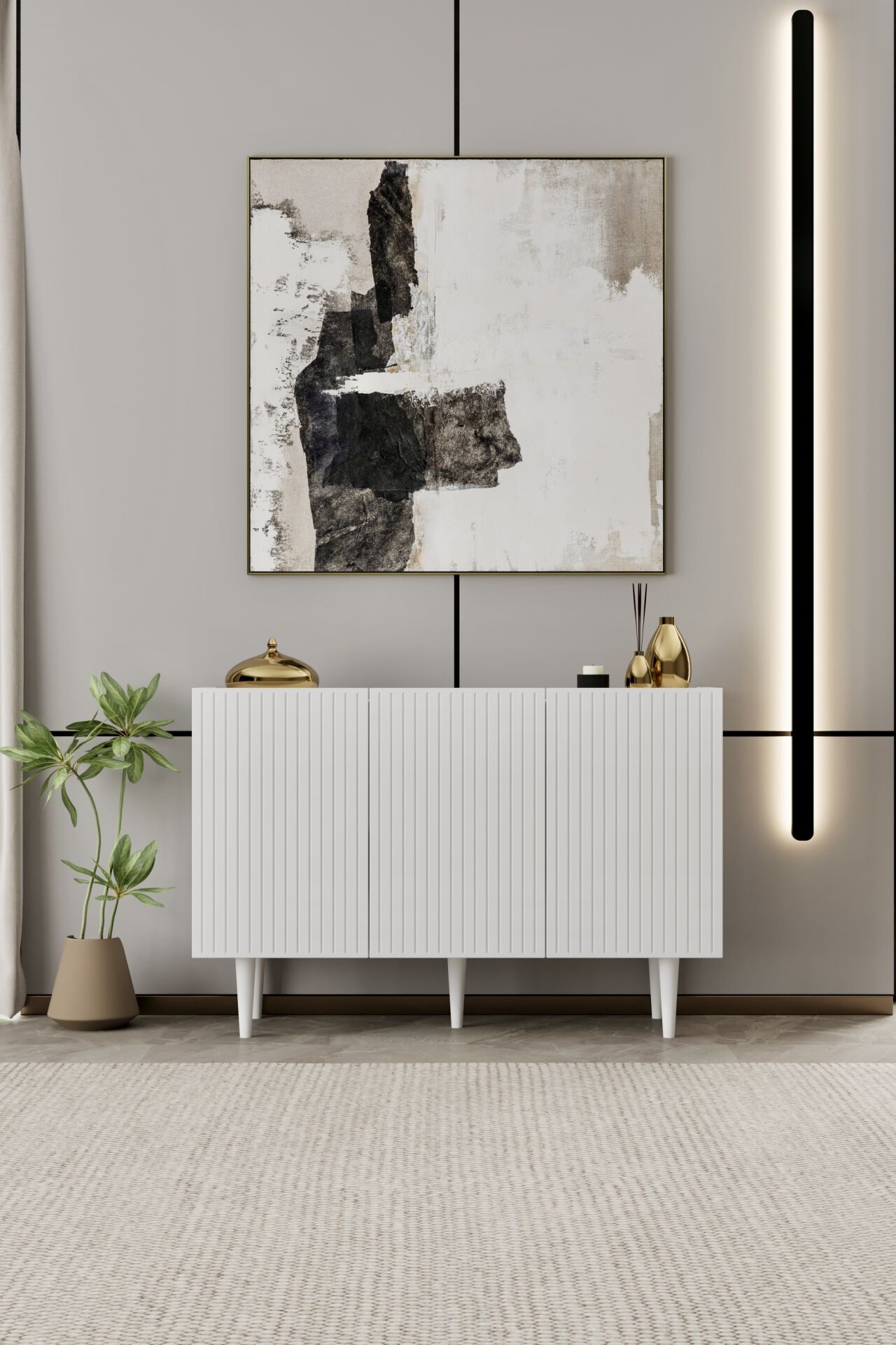 Capella 120 cm Ahşap Ayaklı Konsol | Raflı 3 Kapaklı MDF BEYAZ