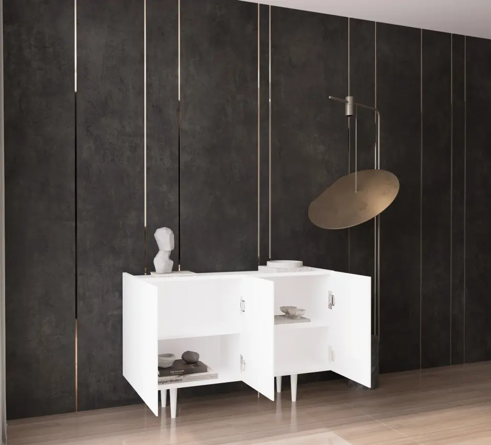 Capella Mdf 3 Kapaklı Raflı Ahşap Ayaklı 120 cm Konsol (4 renk seçeneği) BEYAZ