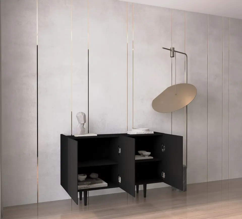 Capella Mdf 3 Kapaklı Raflı Ahşap Ayaklı 120 cm Konsol (4 renk seçeneği) SİYAH