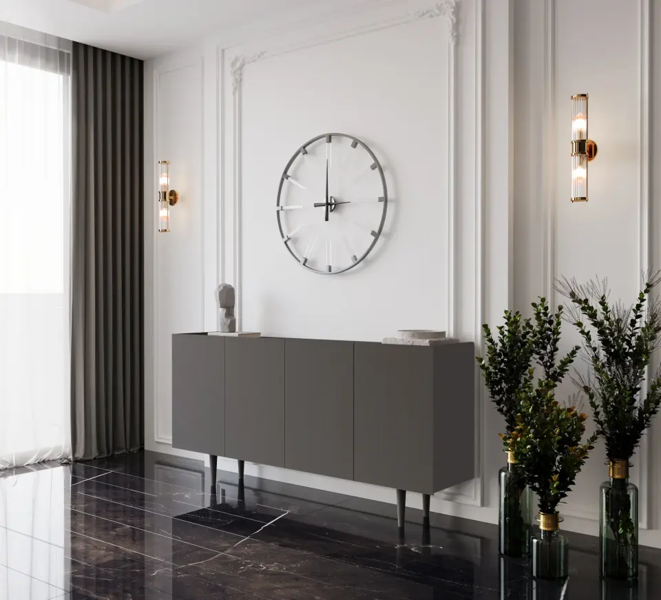 Capella Mdf 4 Kapaklı Raflı Ahşap Ayaklı 140 cm Konsol (4 renk seçeneği) GRİ