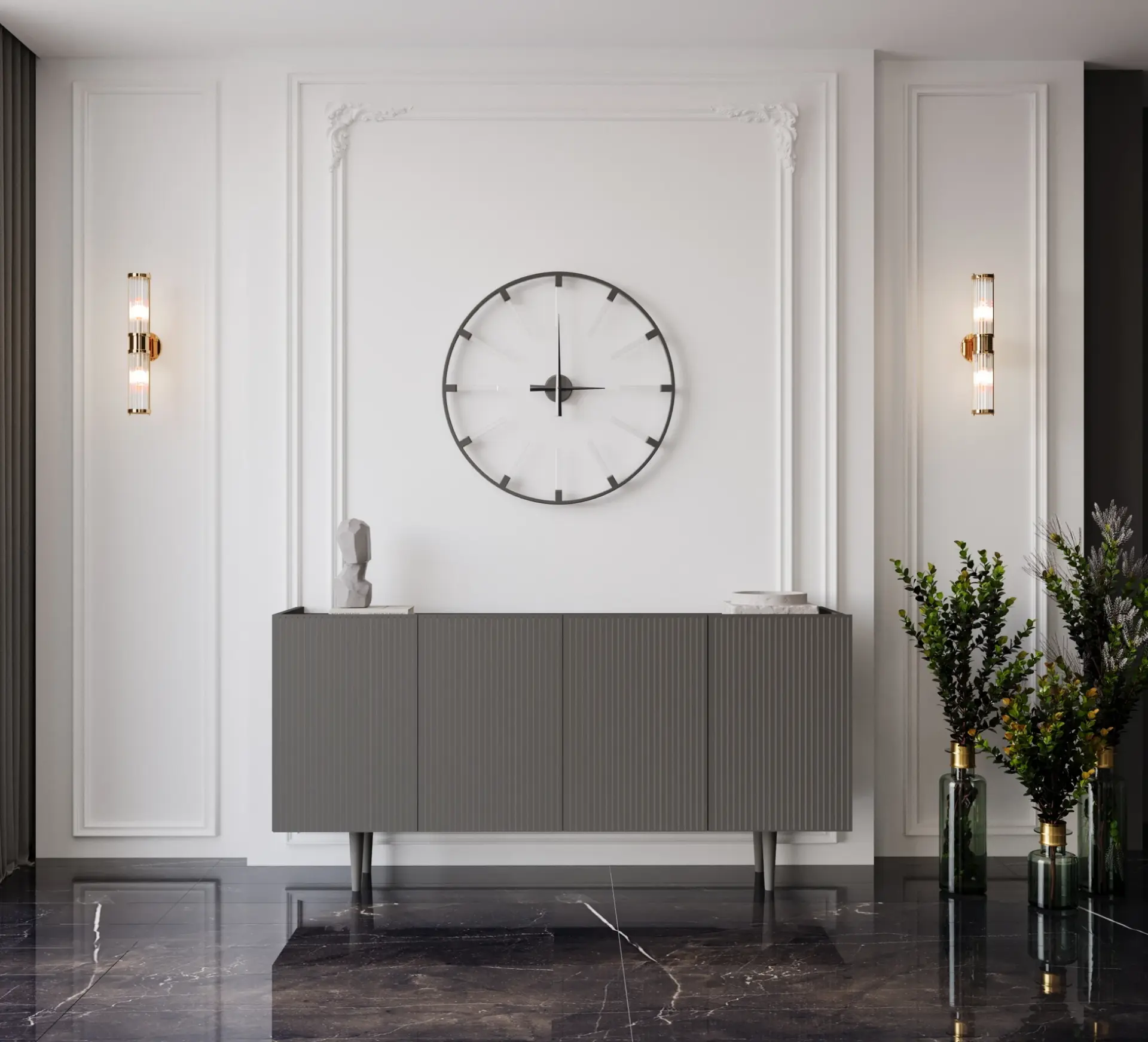 Capella Mdf 4 Kapaklı Raflı Ahşap Ayaklı 140 cm Konsol (4 renk seçeneği) GRİ
