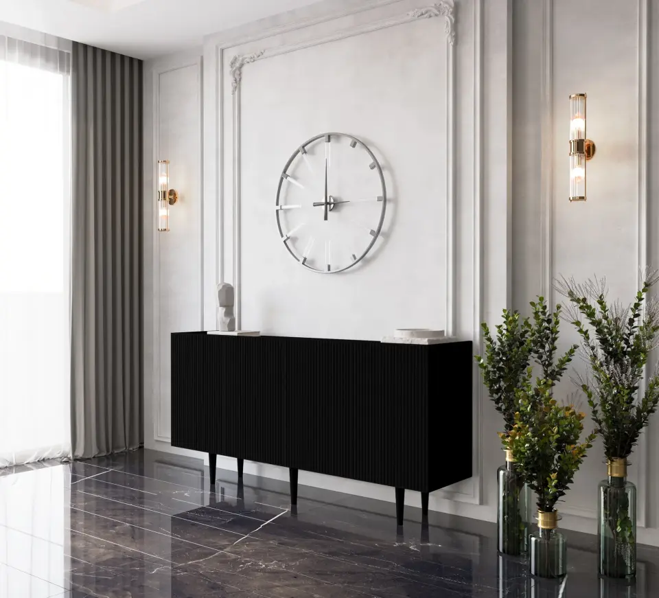 Capella Mdf 4 Kapaklı Raflı Ahşap Ayaklı 140 cm Konsol (4 renk seçeneği) SİYAH