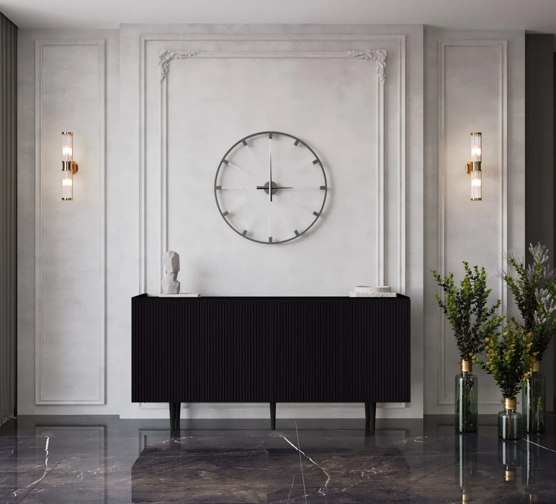 Capella Mdf 4 Kapaklı Raflı Ahşap Ayaklı 140 cm Konsol (4 renk seçeneği) SİYAH