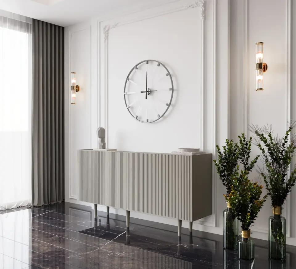 Capella Mdf 4 Kapaklı Raflı Ahşap Ayaklı 140 cm Konsol (4 renk seçeneği) KUM TAŞI