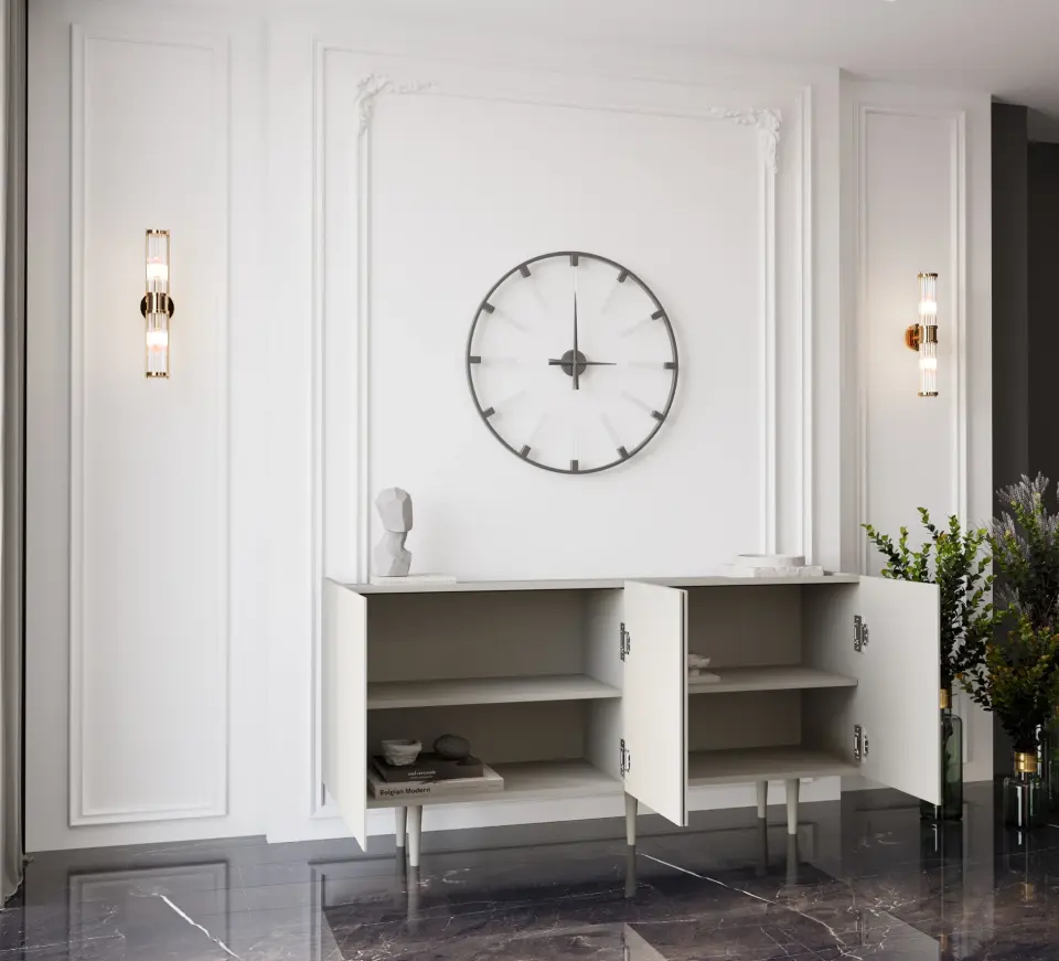 Capella Mdf 4 Kapaklı Raflı Ahşap Ayaklı 140 cm Konsol (4 renk seçeneği) KUM TAŞI