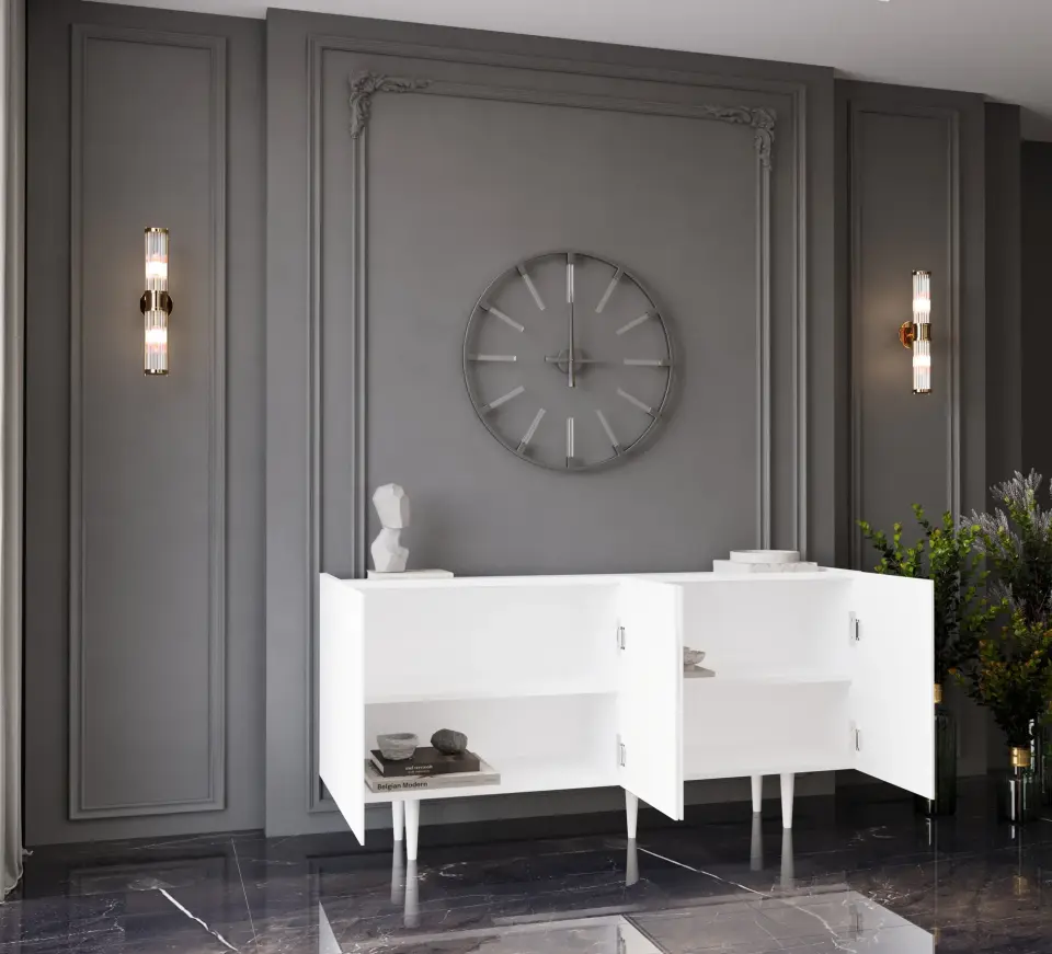 Capella Mdf 4 Kapaklı Raflı Ahşap Ayaklı 140 cm Konsol (4 renk seçeneği) BEYAZ