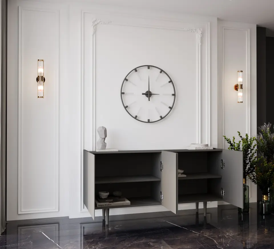 Capella Mdf 4 Kapaklı Raflı Ahşap Ayaklı 160 cm Konsol (4 renk seçeneği) GRİ