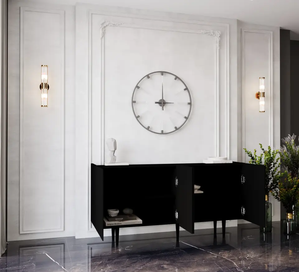 Capella Mdf 4 Kapaklı Raflı Ahşap Ayaklı 160 cm Konsol (4 renk seçeneği) SİYAH