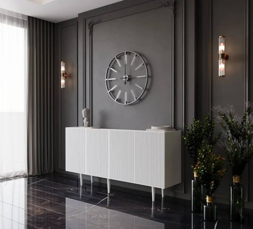 Capella Mdf 4 Kapaklı Raflı Ahşap Ayaklı 160 cm Konsol (4 renk seçeneği) BEYAZ