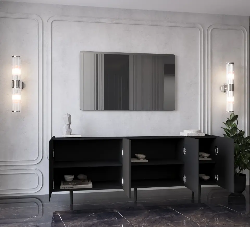 Capella Mdf 5 Kapaklı Raflı Ahşap Ayaklı 180 cm Konsol (4 renk seçeneği) SİYAH