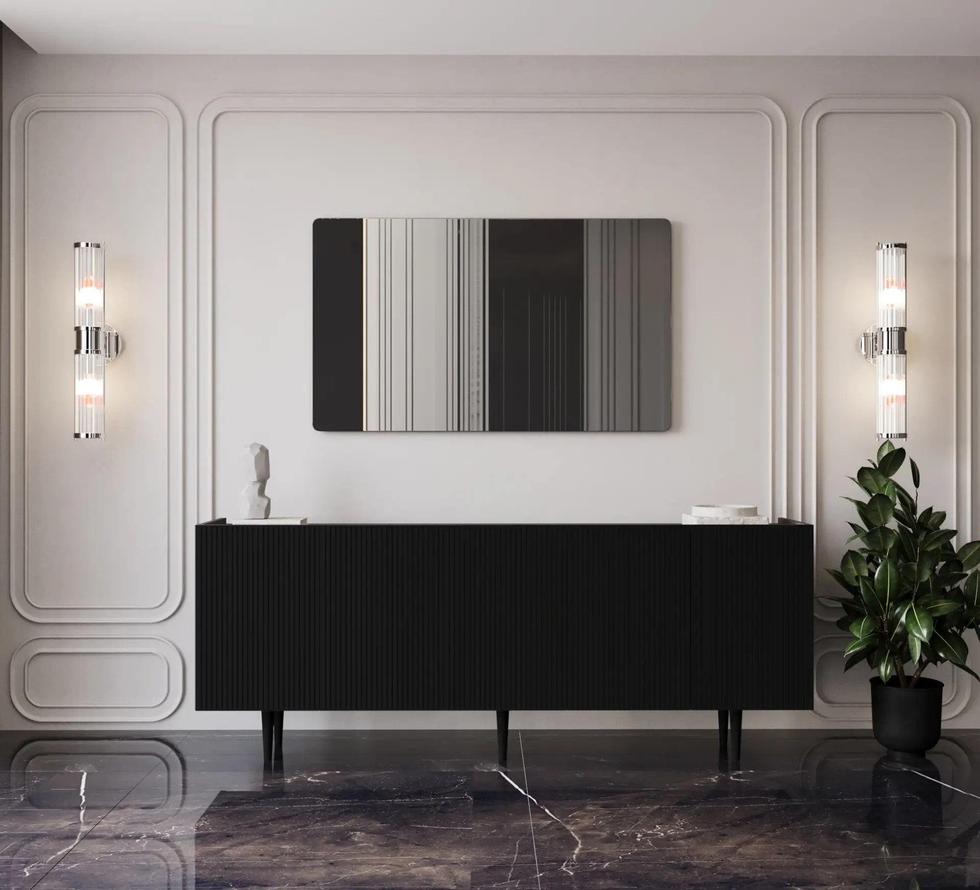 Capella Mdf 5 Kapaklı Raflı Ahşap Ayaklı 180 cm Konsol (4 renk seçeneği) SİYAH