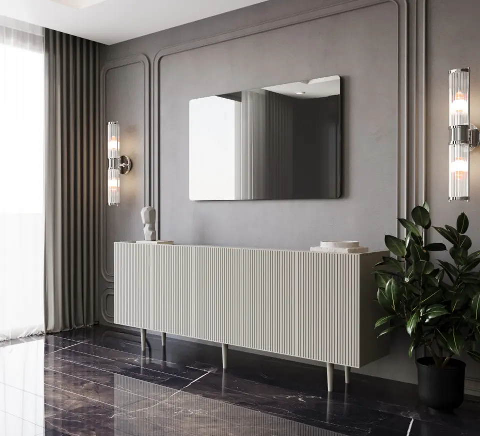 Capella Mdf 5 Kapaklı Raflı Ahşap Ayaklı 180 cm Konsol (4 renk seçeneği) KUM TAŞI