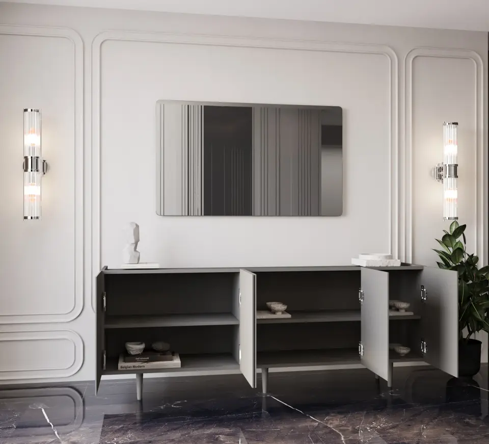 Capella Mdf 5 Kapaklı Raflı Ahşap Ayaklı 200 cm Konsol (4 renk seçeneği) GRİ