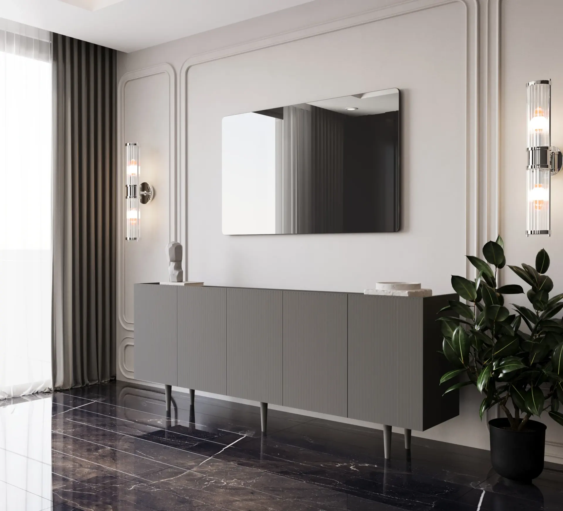 Capella Mdf 5 Kapaklı Raflı Ahşap Ayaklı 200 cm Konsol (4 renk seçeneği) GRİ