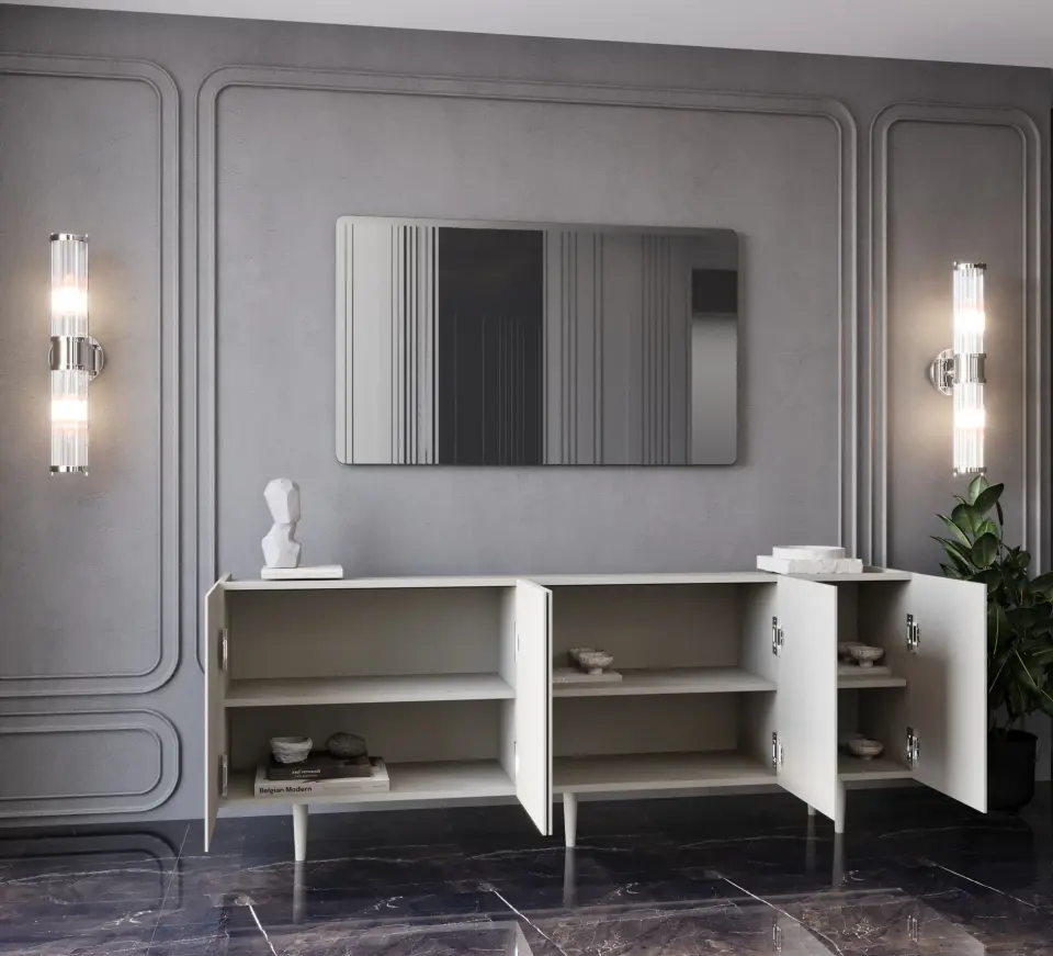 Capella Mdf 5 Kapaklı Raflı Ahşap Ayaklı 200 cm Konsol (4 renk seçeneği) KUM TAŞI