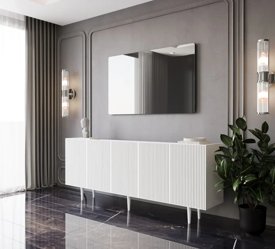 Capella Mdf 5 Kapaklı Raflı Ahşap Ayaklı 200 cm Konsol (4 renk seçeneği) BEYAZ