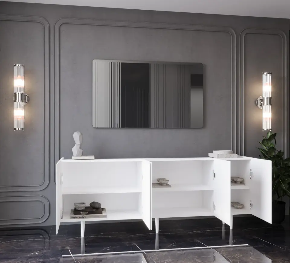 Capella Mdf 5 Kapaklı Raflı Ahşap Ayaklı 200 cm Konsol (4 renk seçeneği) BEYAZ
