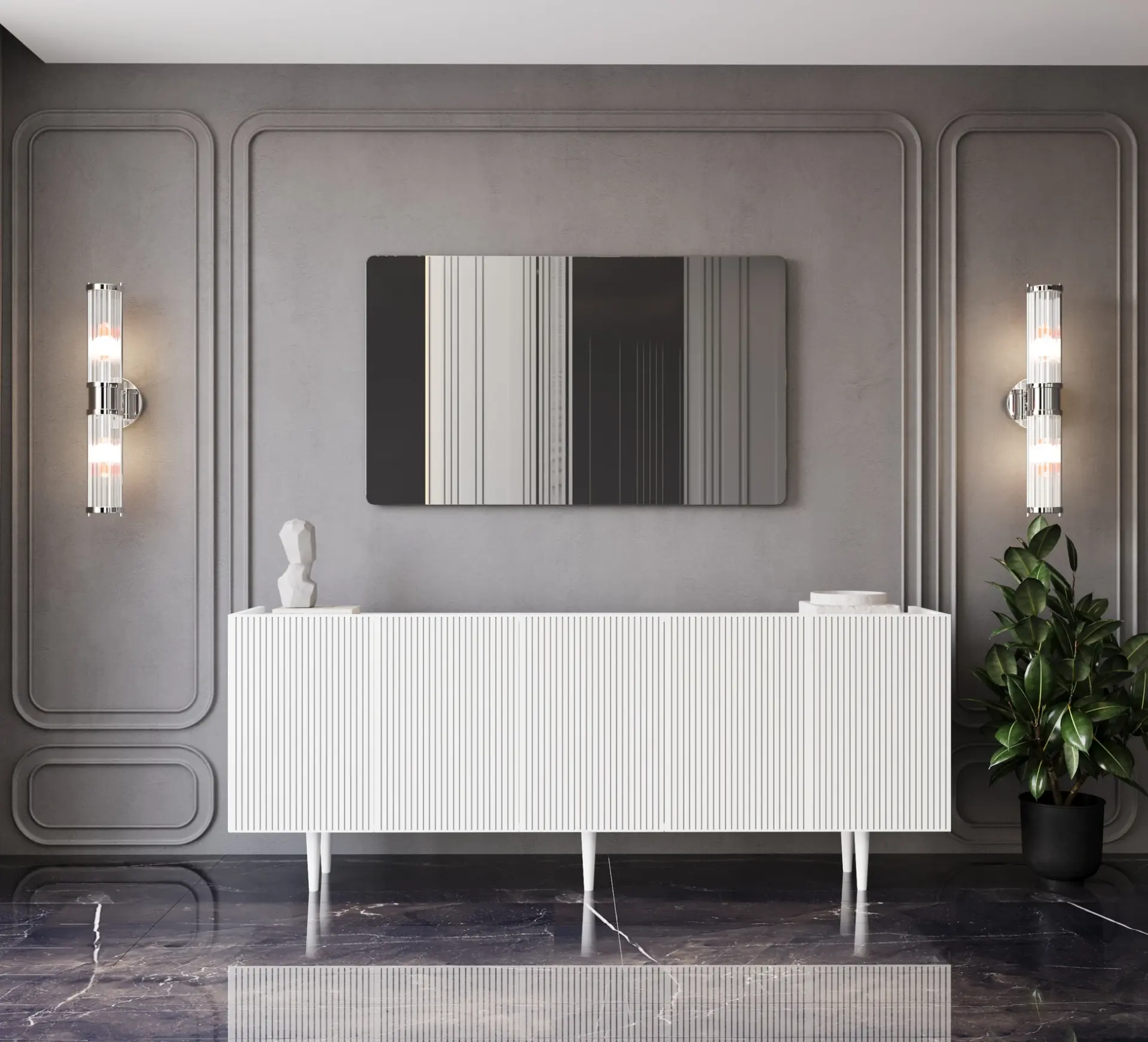 Capella Mdf 5 Kapaklı Raflı Ahşap Ayaklı 200 cm Konsol (4 renk seçeneği) BEYAZ