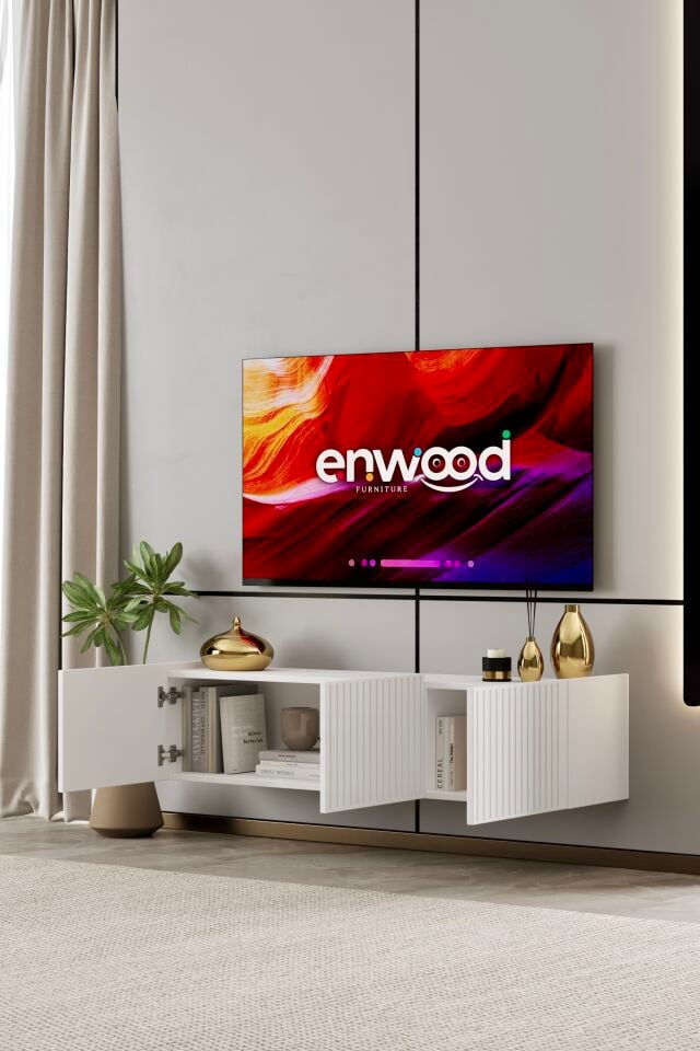 Capella 120 cm Duvara Monte TV Ünitesi | Kapaklı Raflı MDF BEYAZ