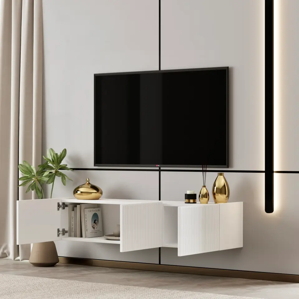 Capella Tv Ünitesi 120 cm duvara monte kapaklı raflı MDF (8 renk seçeneği) BEYAZ