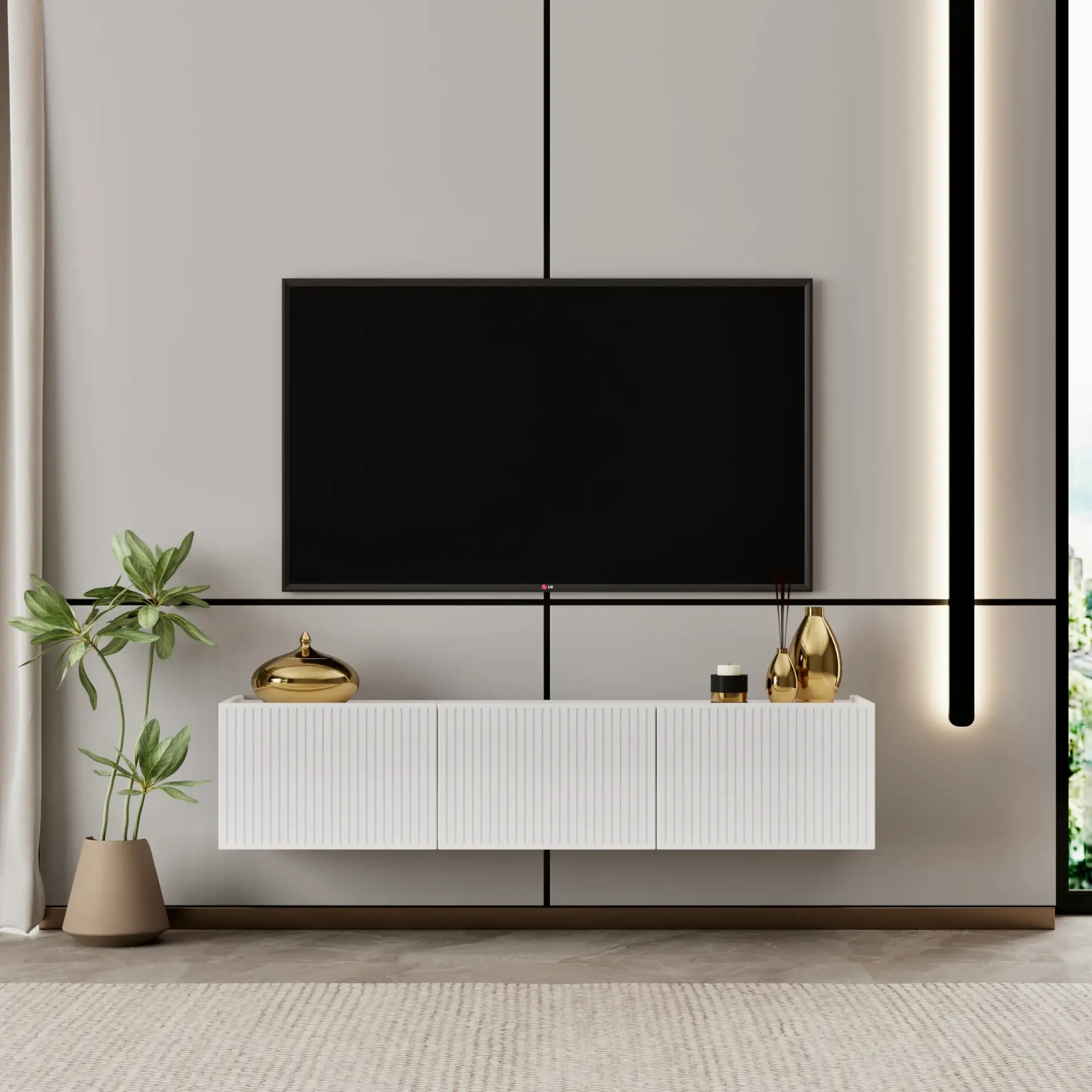 Capella Tv Ünitesi 120 cm duvara monte kapaklı raflı MDF (8 renk seçeneği) BEYAZ
