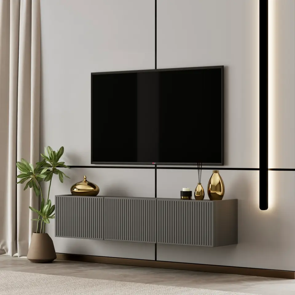 Capella Tv Ünitesi 120 cm duvara monte kapaklı raflı MDF (8 renk seçeneği) GRİ