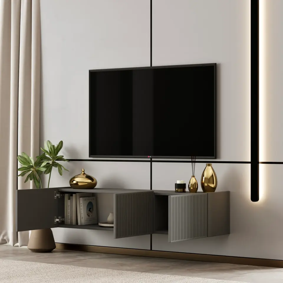 Capella Tv Ünitesi 120 cm duvara monte kapaklı raflı MDF (8 renk seçeneği) GRİ