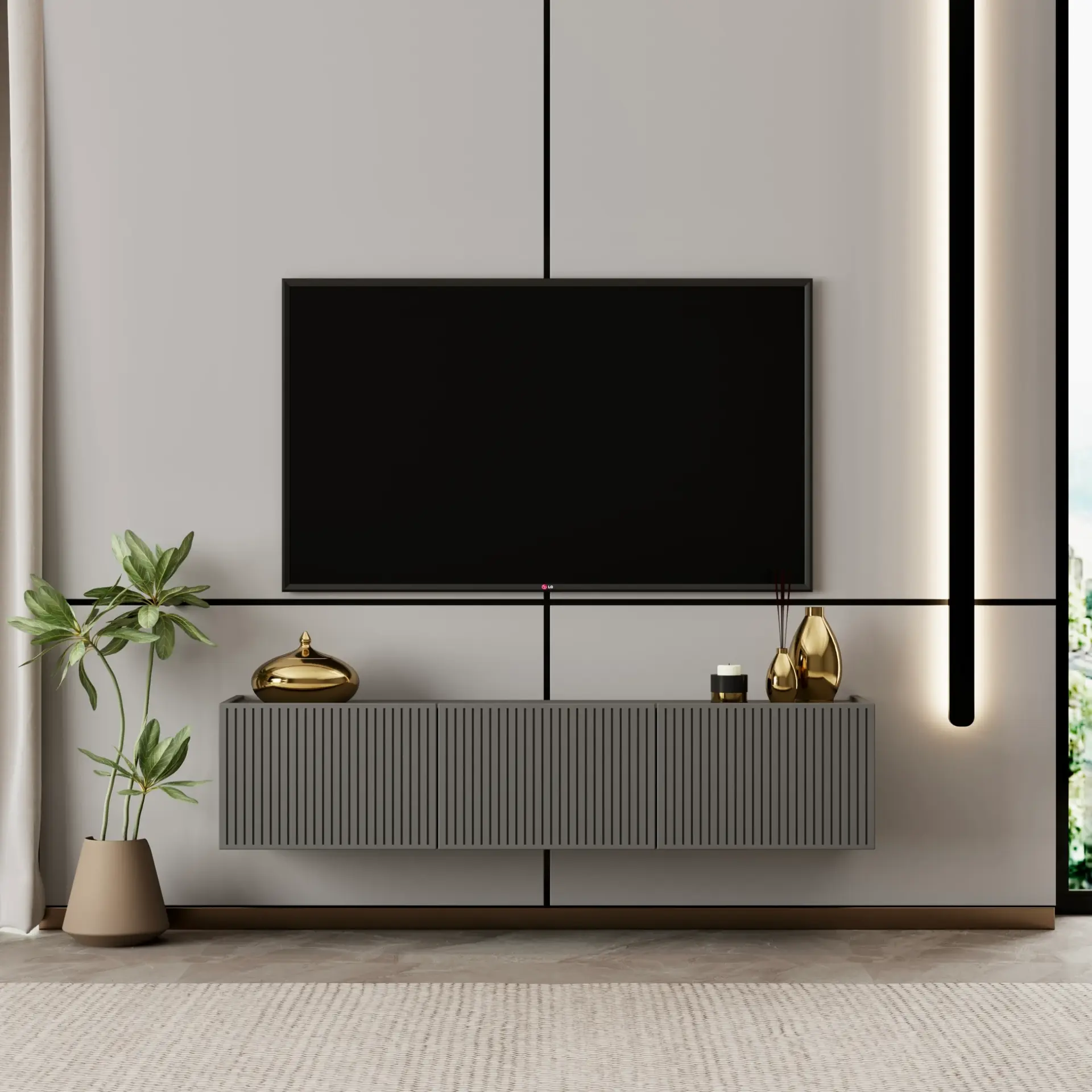 Capella Tv Ünitesi 120 cm duvara monte kapaklı raflı MDF (8 renk seçeneği) GRİ