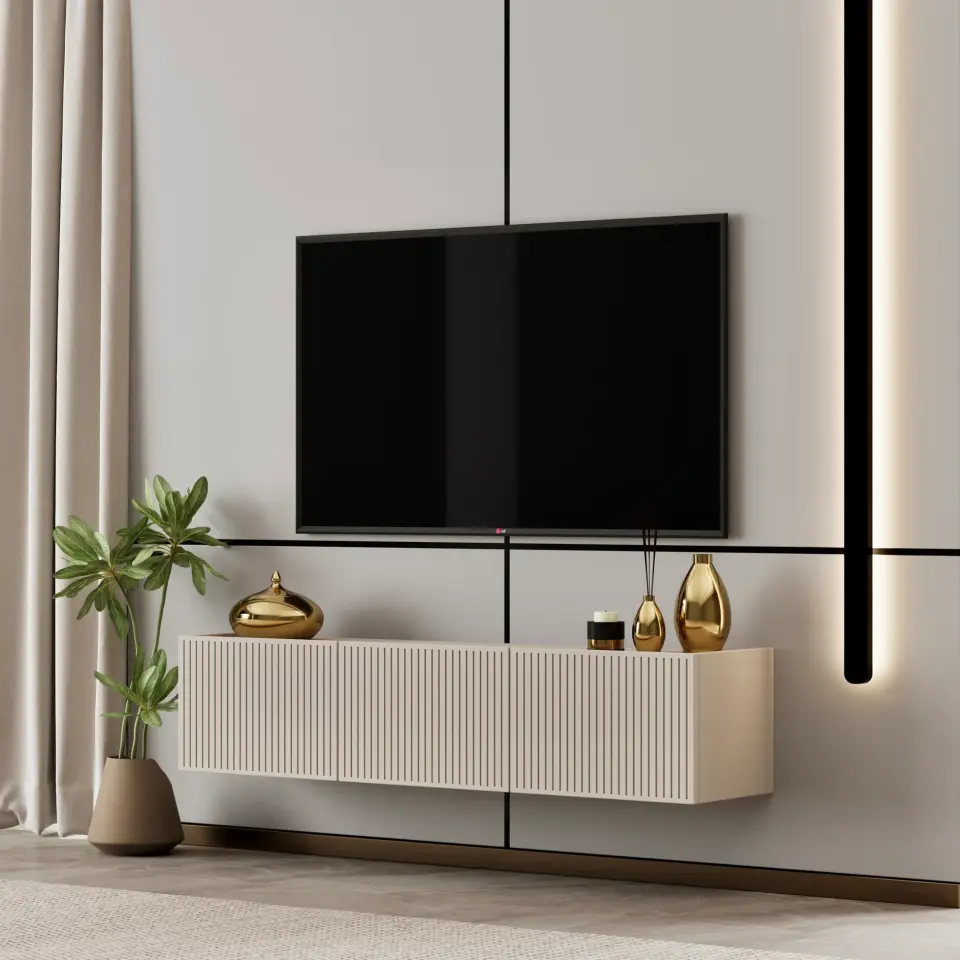 Capella Tv Ünitesi 120 cm duvara monte kapaklı raflı MDF (8 renk seçeneği) KUM TAŞI