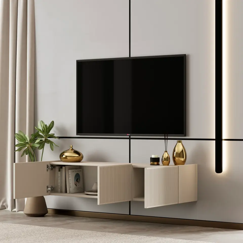 Capella Tv Ünitesi 120 cm duvara monte kapaklı raflı MDF (8 renk seçeneği) KUM TAŞI