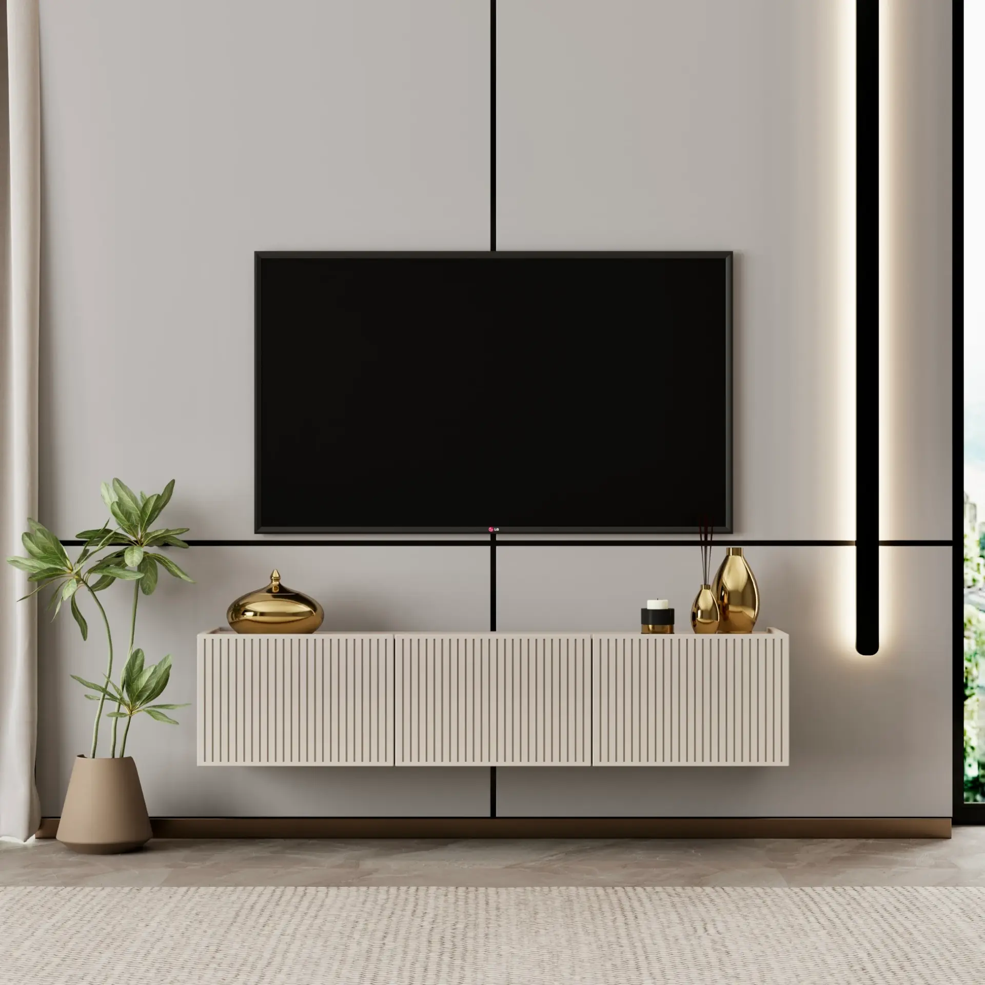Capella Tv Ünitesi 120 cm duvara monte kapaklı raflı MDF (8 renk seçeneği) KUM TAŞI