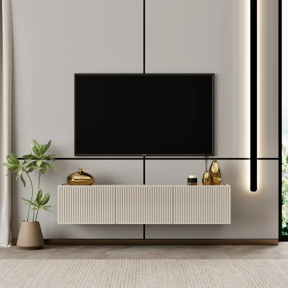 Capella Tv Ünitesi 120 cm duvara monte kapaklı raflı MDF (8 renk seçeneği) KUM TAŞI