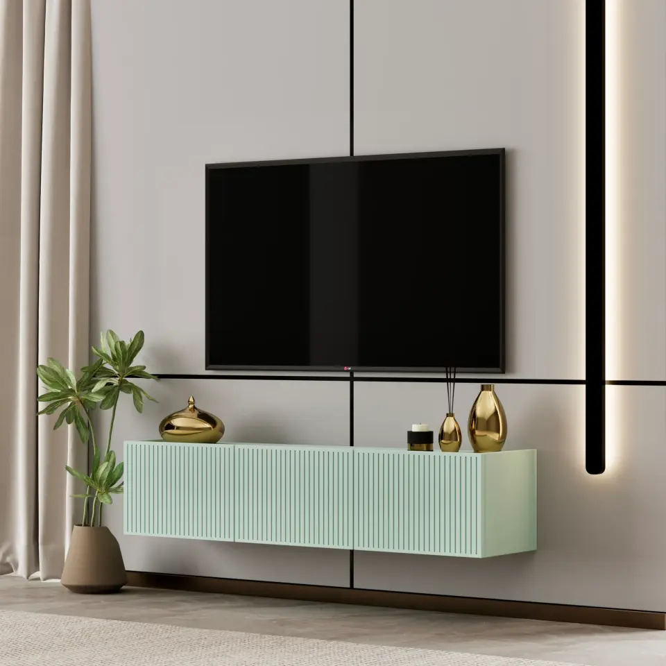 Capella Tv Ünitesi 120 cm duvara monte kapaklı raflı MDF (8 renk seçeneği) MİNT YEŞİLİ
