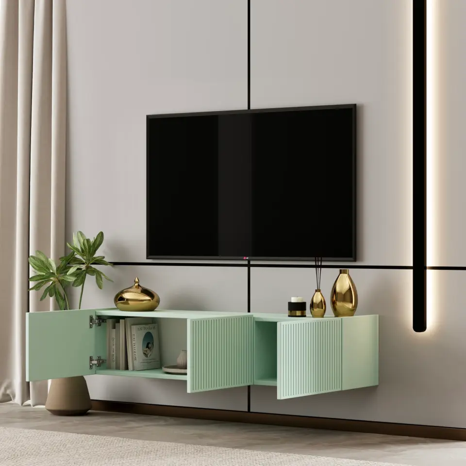 Capella Tv Ünitesi 120 cm duvara monte kapaklı raflı MDF (8 renk seçeneği) MİNT YEŞİLİ