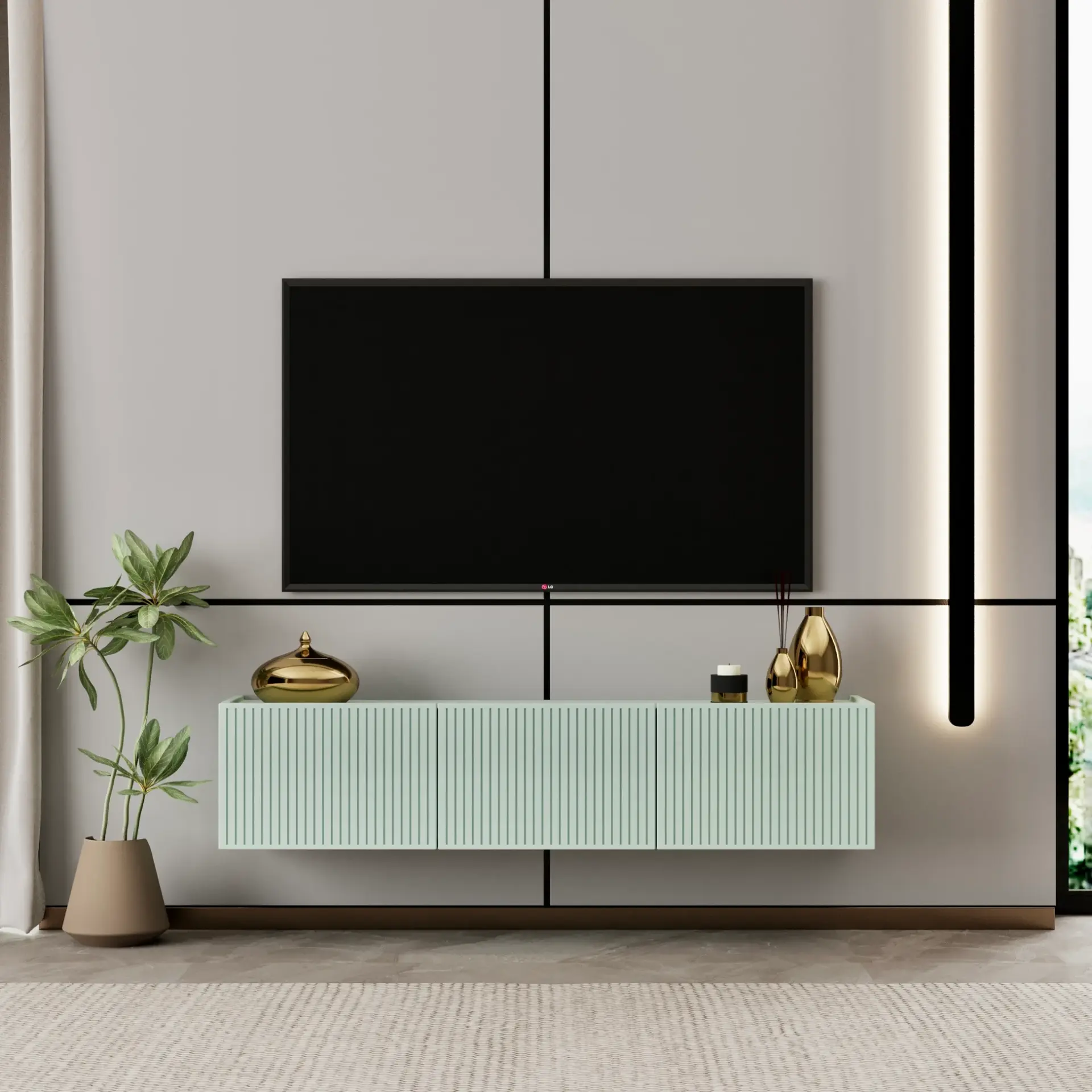 Capella Tv Ünitesi 120 cm duvara monte kapaklı raflı MDF (8 renk seçeneği) MİNT YEŞİLİ