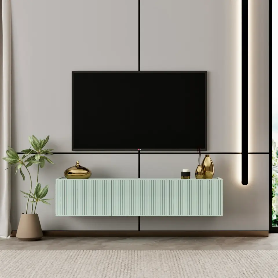 Capella Tv Ünitesi 120 cm duvara monte kapaklı raflı MDF (8 renk seçeneği) MİNT YEŞİLİ