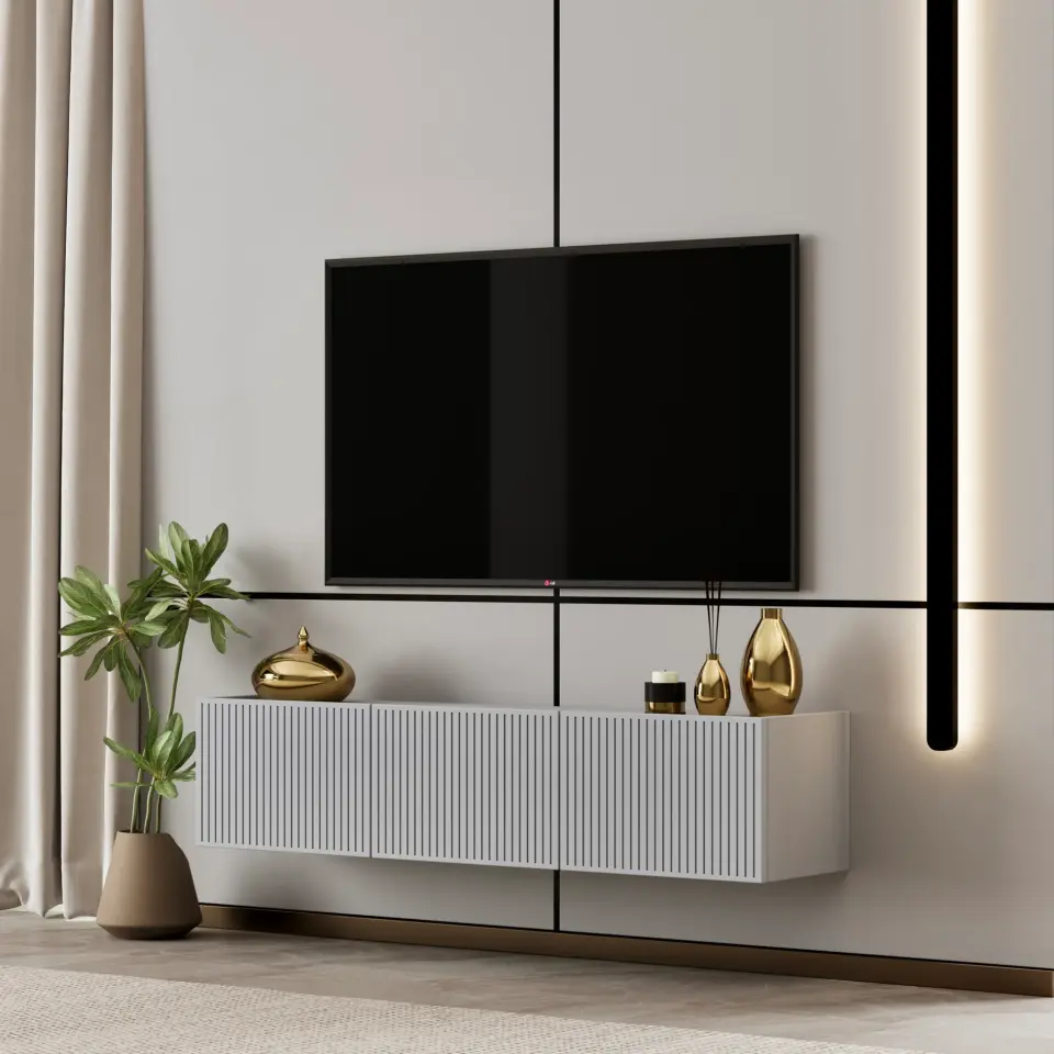 Capella Tv Ünitesi 120 cm duvara monte kapaklı raflı MDF (8 renk seçeneği) SİS GRİ