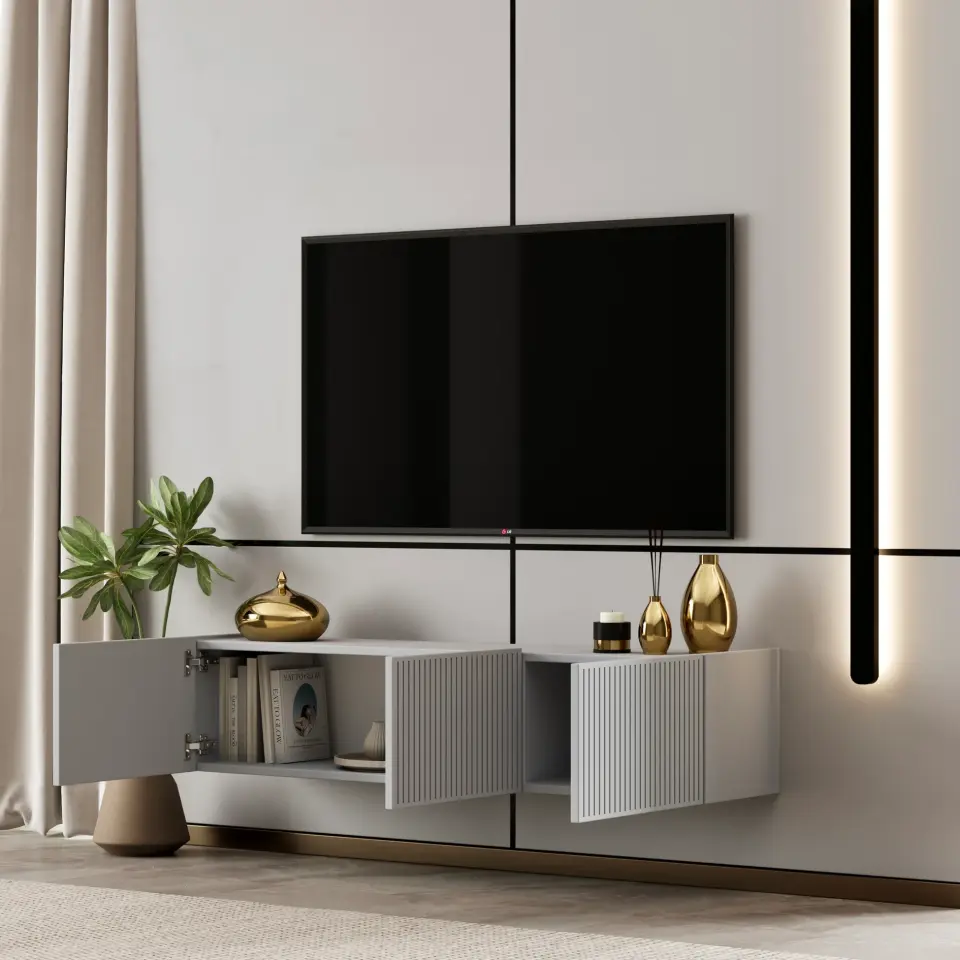 Capella Tv Ünitesi 120 cm duvara monte kapaklı raflı MDF (8 renk seçeneği) SİS GRİ