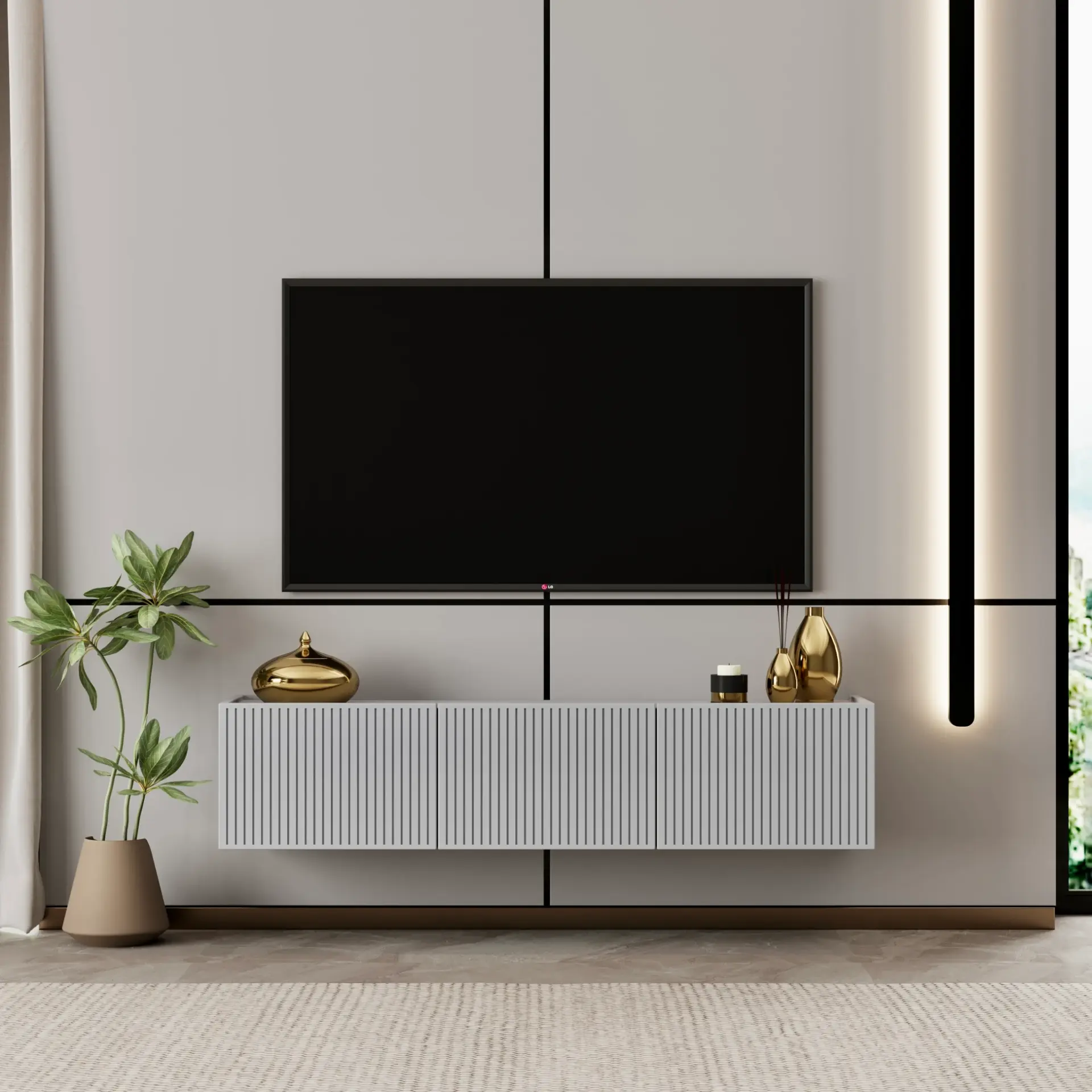 Capella Tv Ünitesi 120 cm duvara monte kapaklı raflı MDF (8 renk seçeneği) SİS GRİ