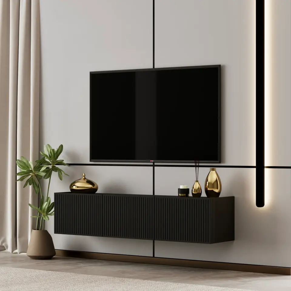Capella Tv Ünitesi 120 cm duvara monte kapaklı raflı MDF (8 renk seçeneği) SİYAH