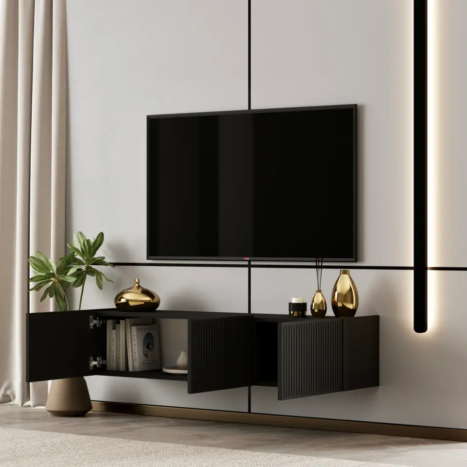 Capella Tv Ünitesi 120 cm duvara monte kapaklı raflı MDF (8 renk seçeneği) SİYAH