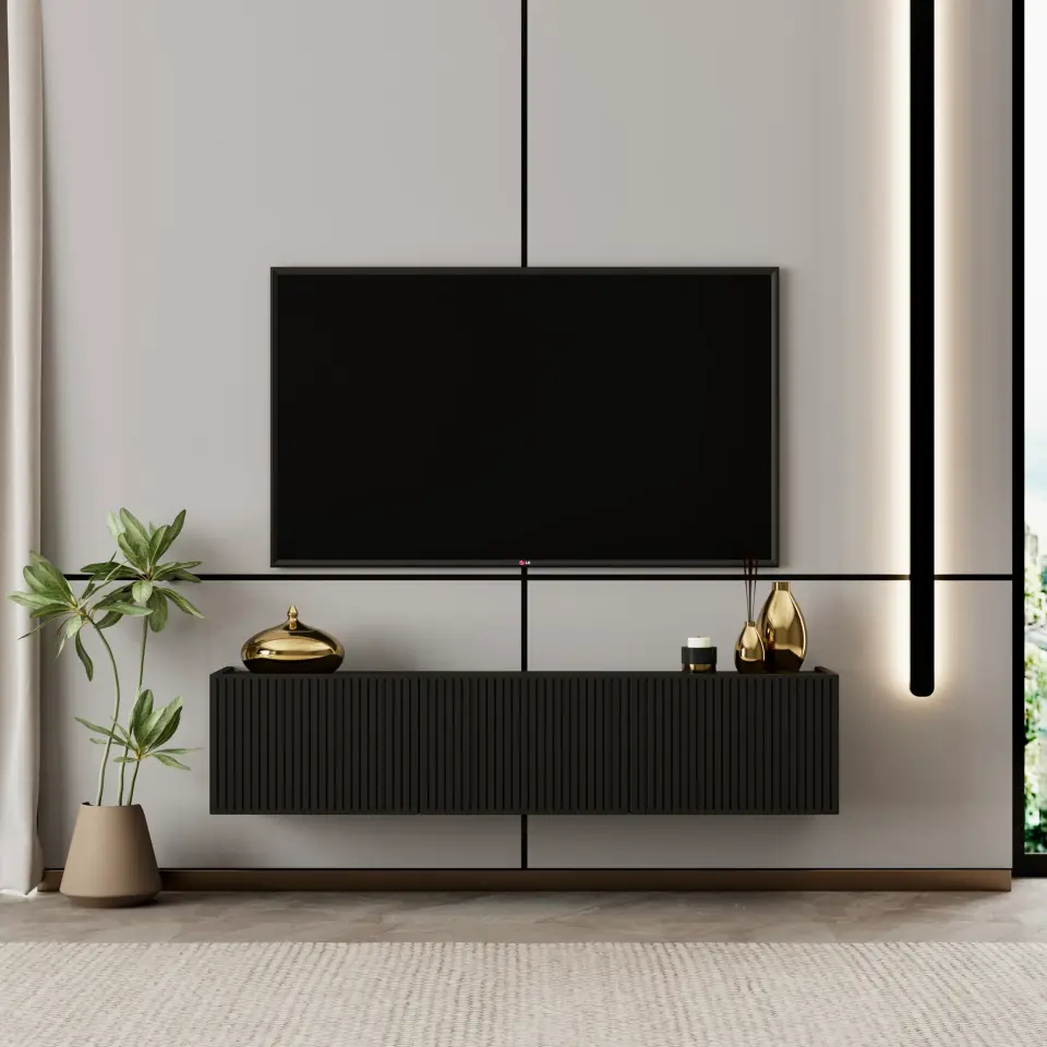 Capella Tv Ünitesi 120 cm duvara monte kapaklı raflı MDF (8 renk seçeneği) SİYAH