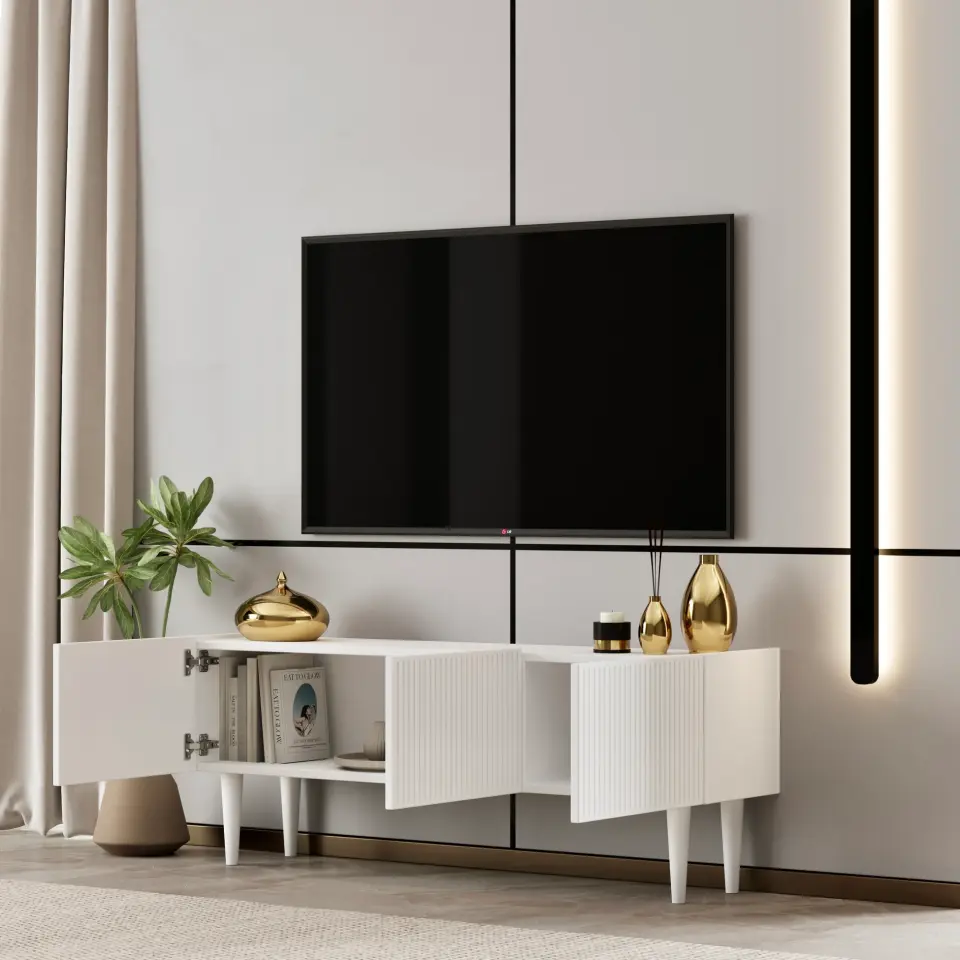 Capella Tv Ünitesi 120 cm ayaklı kapaklı raflı MDF (8 renk seçeneği) BEYAZ