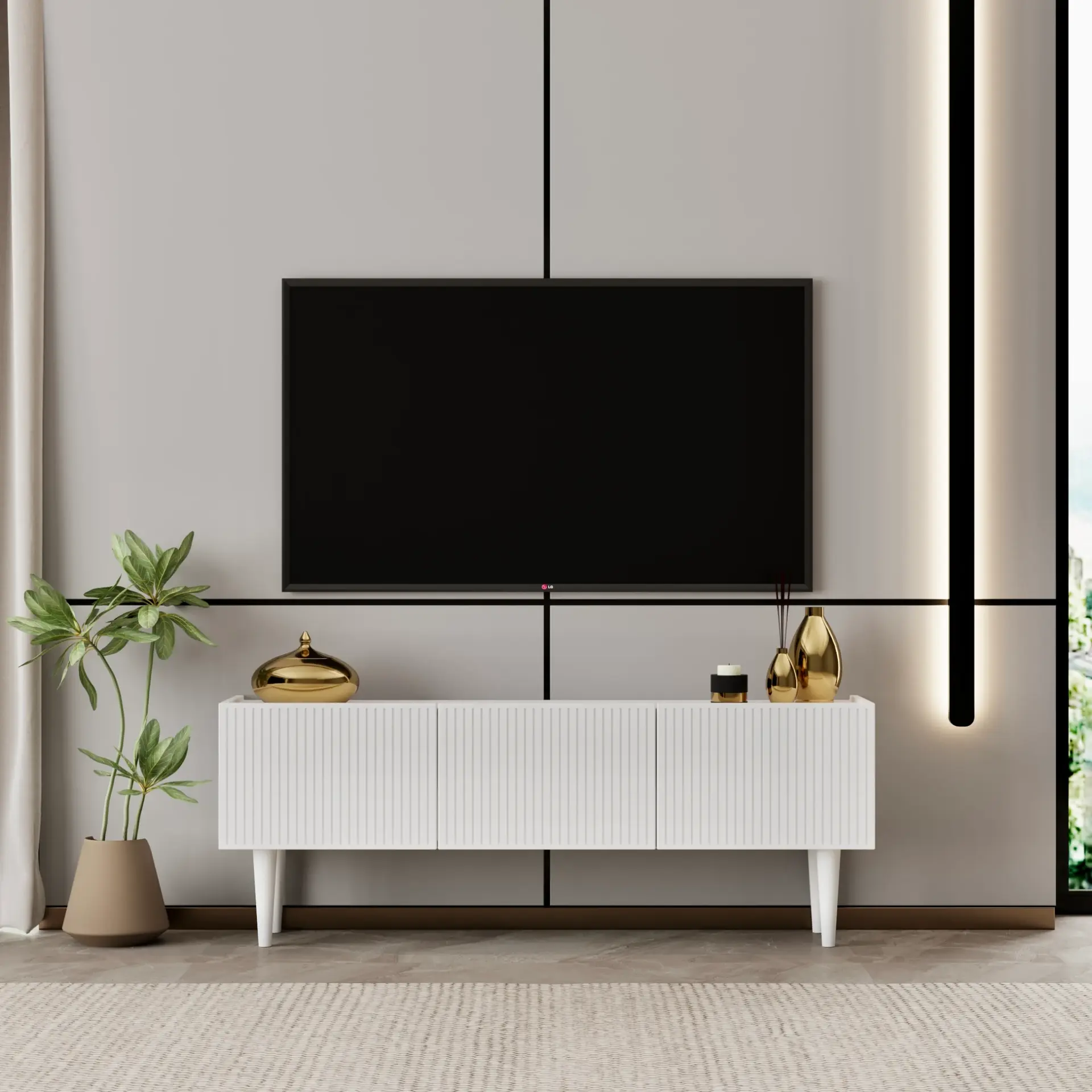 Capella Tv Ünitesi 120 cm ayaklı kapaklı raflı MDF (8 renk seçeneği) BEYAZ