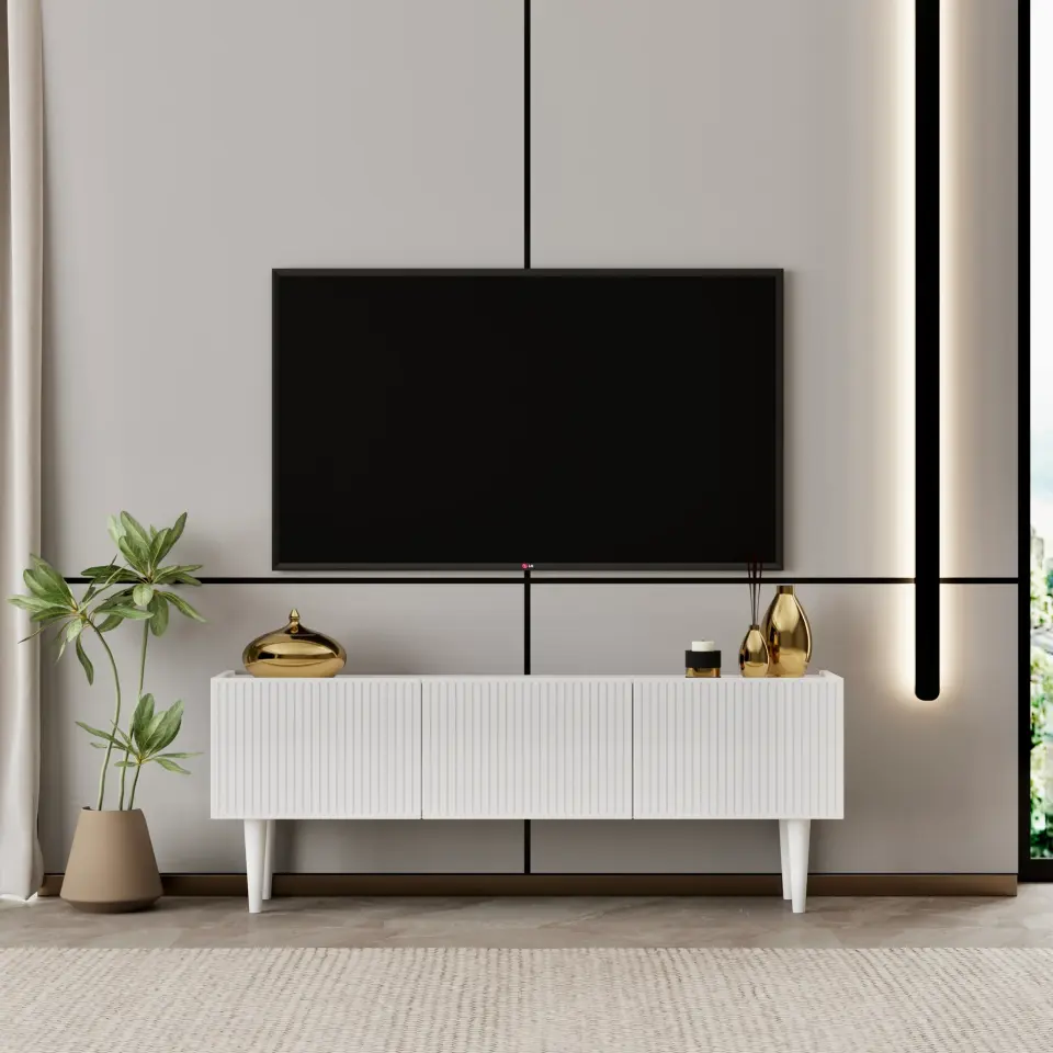 Capella Tv Ünitesi 120 cm ayaklı kapaklı raflı MDF (8 renk seçeneği) BEYAZ