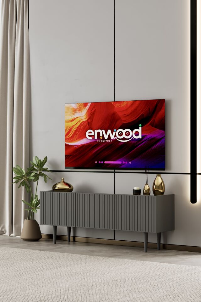 Capella 120 cm Ayaklı TV Ünitesi | Kapaklı Raflı MDF GRİ
