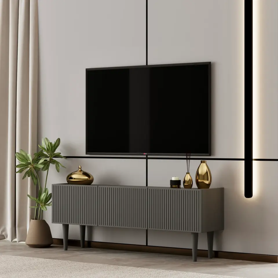 Capella Tv Ünitesi 120 cm ayaklı kapaklı raflı MDF (8 renk seçeneği) GRİ