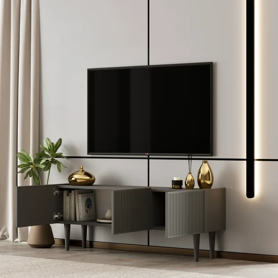 Capella Tv Ünitesi 120 cm ayaklı kapaklı raflı MDF (8 renk seçeneği) GRİ