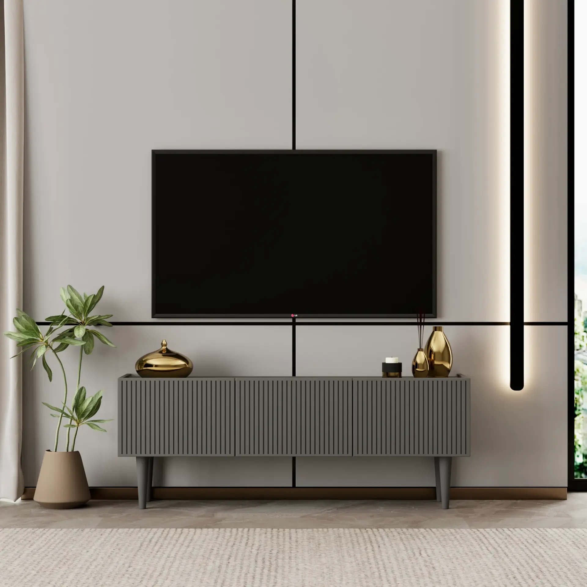 Capella Tv Ünitesi 120 cm ayaklı kapaklı raflı MDF (8 renk seçeneği) GRİ