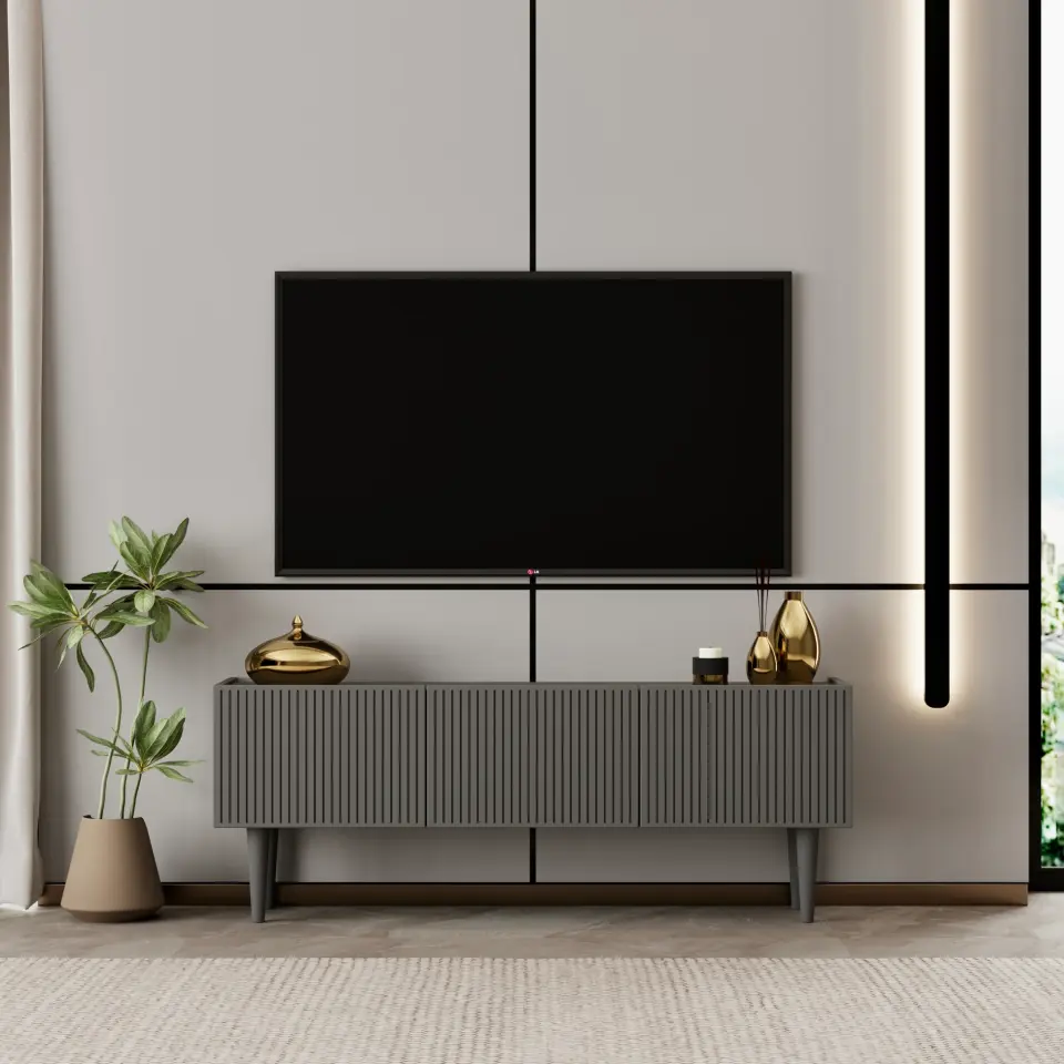 Capella Tv Ünitesi 120 cm ayaklı kapaklı raflı MDF (8 renk seçeneği) GRİ